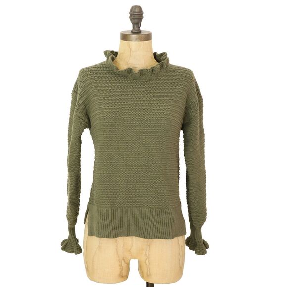 MADEWELL Ruffle-Neck Pullover Sweater XXS Cotton-Merino Yarn Capers Green EUC A2 - Picture 1 of 5